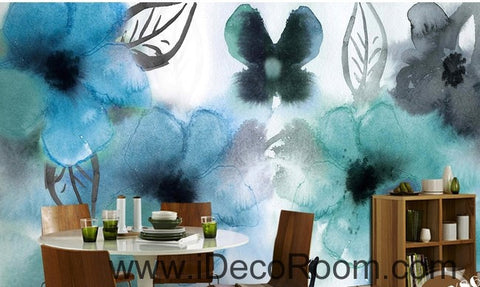 Image of Abstract Watercolor Blue Flowers IDCWP-000072 Wallpaper Wall Decals Wall Art Print Mural Home Decor Gift