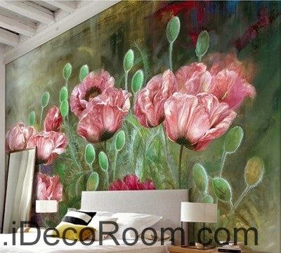Image of Pink Poppy Flower Illustration IDCWP-000081 Wallpaper Wall Decals Wall Art Print Mural Home Decor Gift