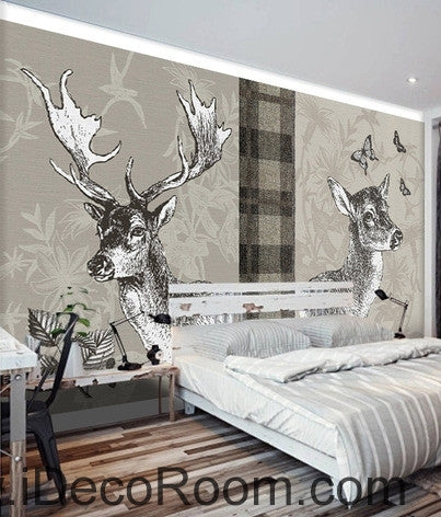 Image of Retro Square Patterns Animals Red Deer Butterfly oil painting effect wallpaper wall mural