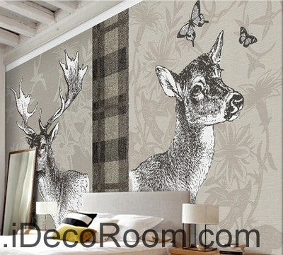 Image of Retro Square Patterns Animals Red Deer Butterfly oil painting effect wallpaper wall mural