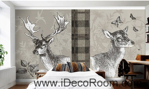 Image of Retro Square Patterns Animals Red Deer Butterfly oil painting effect wallpaper wall mural