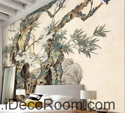Image of Retro Kutai old tree pine tree branches on the magpie bird painting wallpaper wall mural