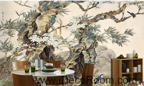 Image of Retro Kutai old tree pine tree branches on the magpie bird painting wallpaper wall mural
