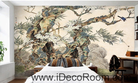 Image of Retro Kutai old tree pine tree branches on the magpie bird painting wallpaper wall mural