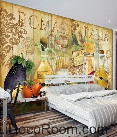 Image of European style retro chopsticks eggplant chili kitchen oil painting effect wallpaper wall mural