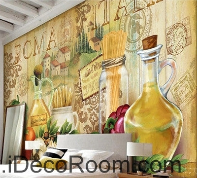 Image of European style retro chopsticks eggplant chili kitchen oil painting effect wallpaper wall mural