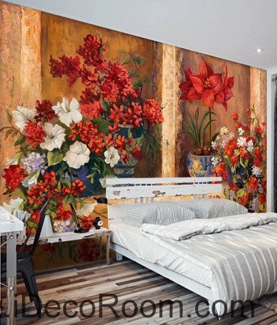 Image of Beautiful dream gorgeous blooming red flower pots oil painting effect wall art wall decor mural wallpaper wall IDCWP-000089
