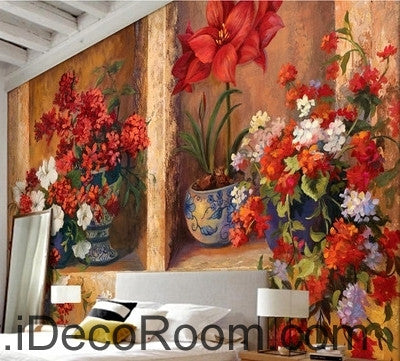 Image of Beautiful dream gorgeous blooming red flower pots oil painting effect wall art wall decor mural wallpaper wall IDCWP-000089
