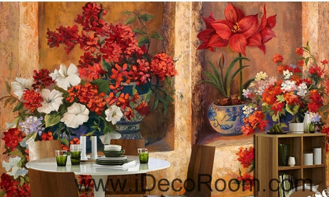 Image of Beautiful dream gorgeous blooming red flower pots oil painting effect wall art wall decor mural wallpaper wall IDCWP-000089