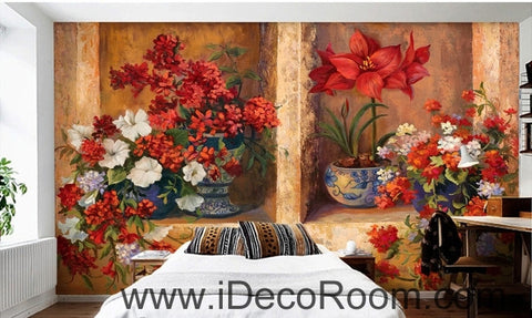 Image of Beautiful dream gorgeous blooming red flower pots oil painting effect wall art wall decor mural wallpaper wall IDCWP-000089