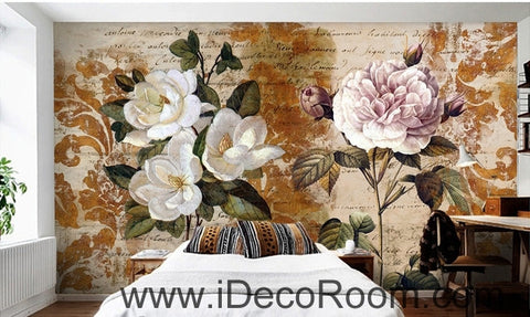 Image of Retro Pattern Flower Rose Tea Flower Peony oil painting effect wall art wall decor mural wallpaper wall IDCWP-000090