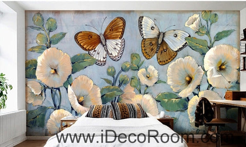 Image of Beautiful Dream Romantic Fresh Blue Hibiscus Baba Butterfly wall art wall decor mural wallpaper wall IDCWP-000091