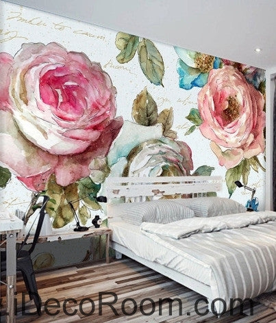 Image of European style garden flowers bloom pink roses oil painting effect wall art wall decor mural wallpaper wall IDCWP-000092
