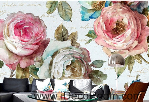 Image of European style garden flowers bloom pink roses oil painting effect wall art wall decor mural wallpaper wall IDCWP-000092