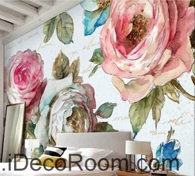 Image of European style garden flowers bloom pink roses oil painting effect wall art wall decor mural wallpaper wall IDCWP-000092