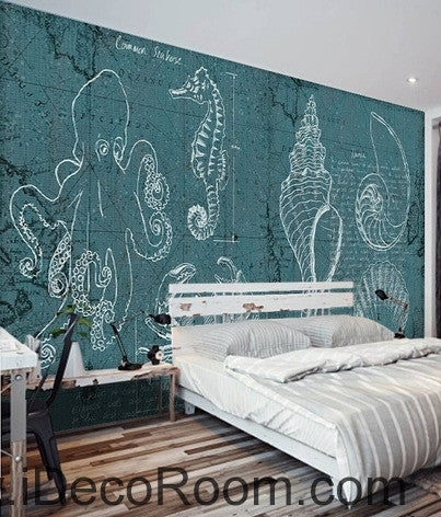 Image of Fantasy fresh blue and white lines abstract sea hippocampus octopus wall art wall decor mural wallpaper wall IDCWP-000094