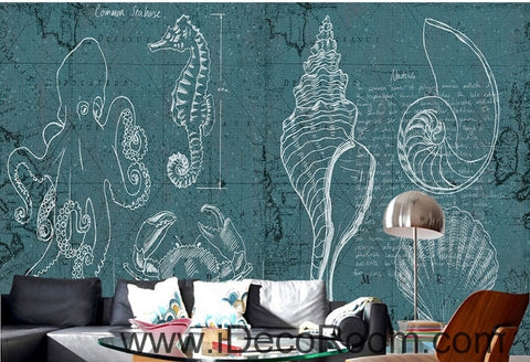 Image of Fantasy fresh blue and white lines abstract sea hippocampus octopus wall art wall decor mural wallpaper wall IDCWP-000094