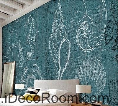 Image of Fantasy fresh blue and white lines abstract sea hippocampus octopus wall art wall decor mural wallpaper wall  IDCWP-000094