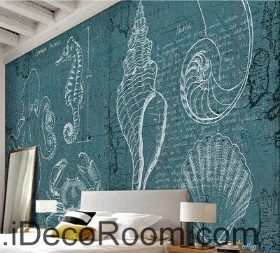 Image of Fantasy fresh blue and white lines abstract sea hippocampus octopus wall art wall decor mural wallpaper wall IDCWP-000094