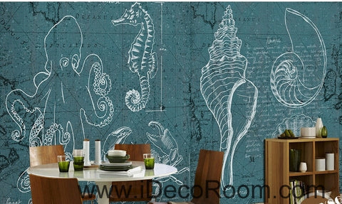 Image of Fantasy fresh blue and white lines abstract sea hippocampus octopus wall art wall decor mural wallpaper wall IDCWP-000094