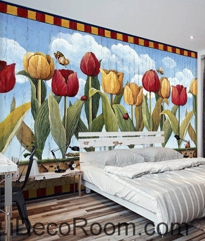 Image of European style retro pastoral blue sky white clouds tulip oil painting effect wall art wall decor mural wallpaper wall IDCWP-000097