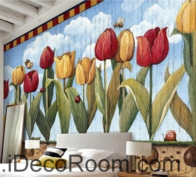 Image of European style retro pastoral blue sky white clouds tulip oil painting effect wall art wall decor mural wallpaper wall IDCWP-000097