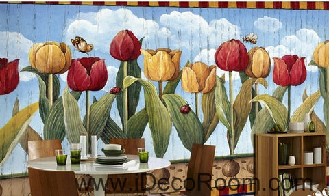 Image of European style retro pastoral blue sky white clouds tulip oil painting effect wall art wall decor mural wallpaper wall IDCWP-000097