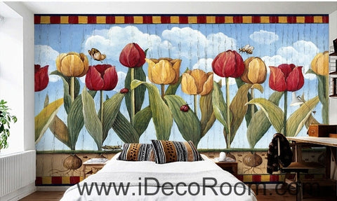 Image of European style retro pastoral blue sky white clouds tulip oil painting effect wall art wall decor mural wallpaper wall IDCWP-000097