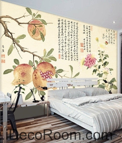 Image of Retro Pomegranate Flower Fruit Chinese Painting wall art wall decor mural wallpaper wall IDCWP-000101