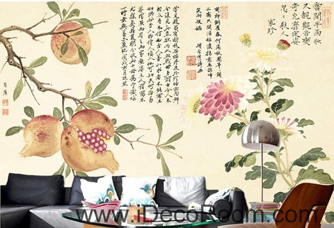 Image of Retro Pomegranate Flower Fruit Chinese Painting wall art wall decor mural wallpaper wall IDCWP-000101