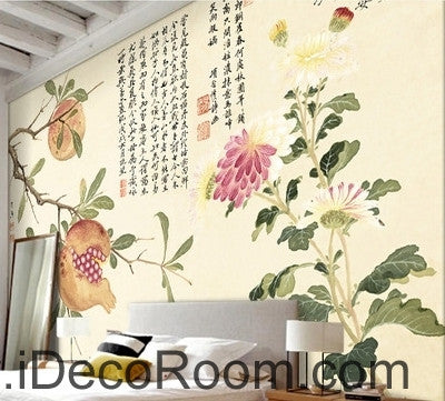 Image of Retro Pomegranate Flower Fruit Chinese Painting wall art wall decor mural wallpaper wall IDCWP-000101
