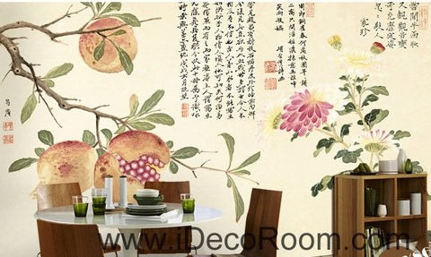 Image of Retro Pomegranate Flower Fruit Chinese Painting wall art wall decor mural wallpaper wall IDCWP-000101