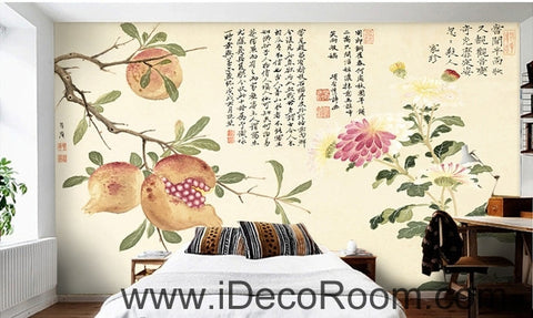 Image of Retro Pomegranate Flower Fruit Chinese Painting wall art wall decor mural wallpaper wall IDCWP-000101