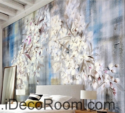 Image of Beautiful dream romantic blue background white lyrical flower hydrangea wall art wall decor mural wallpaper wall IDCWP-000102
