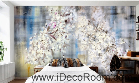Image of Beautiful dream romantic blue background white lyrical flower hydrangea wall art wall decor mural wallpaper wall IDCWP-000102