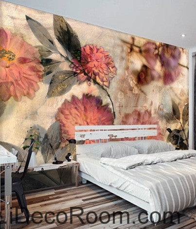 Image of European style retro abstract pink blooming flower hydrangea oil painting effect wall art wall decor mural wallpaper wall IDCWP-000107