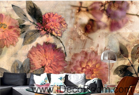 Image of European style retro abstract pink blooming flower hydrangea oil painting effect wall art wall decor mural wallpaper wall IDCWP-000107