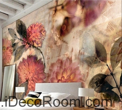 Image of European style retro abstract pink blooming flower hydrangea oil painting effect wall art wall decor mural wallpaper wall IDCWP-000107