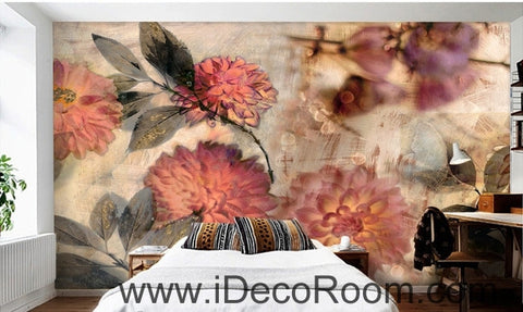Image of European style retro abstract pink blooming flower hydrangea oil painting effect wall art wall decor mural wallpaper wall IDCWP-000107