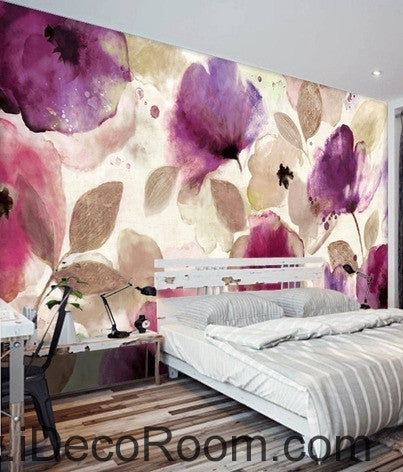 Image of Beautiful dream romantic abstract purple blooming poppy flower painting wall art wall decor mural wallpaper wall IDCWP-000109