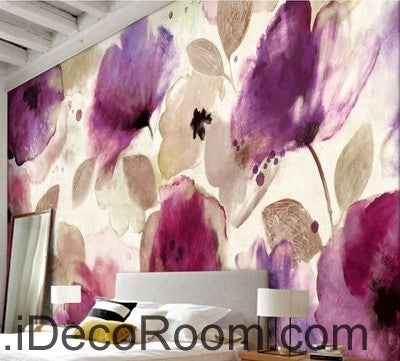 Image of Beautiful dream romantic abstract purple blooming poppy flower painting wall art wall decor mural wallpaper wall IDCWP-000109