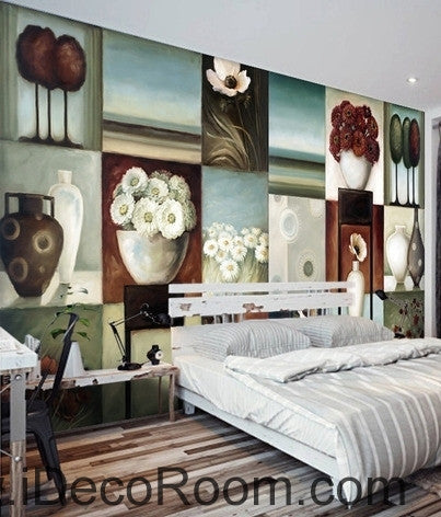 Image of Retro Square Pattern Flower Still Life Bonsai oil painting effect wall art wall decor mural wallpaper wall IDCWP-000110