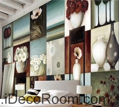 Image of Retro Square Pattern Flower Still Life Bonsai oil painting effect wall art wall decor mural wallpaper wall IDCWP-000110