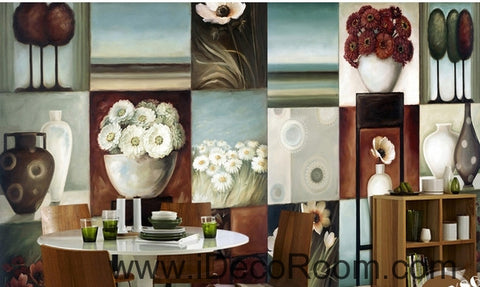 Image of Retro Square Pattern Flower Still Life Bonsai oil painting effect wall art wall decor mural wallpaper wall IDCWP-000110