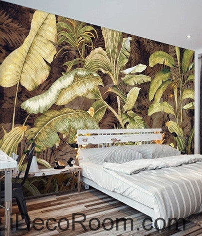 Image of Retro tropical plants banana leaves banana flowers oil painting effect wall art wall decor mural wallpaper wall IDCWP-000111