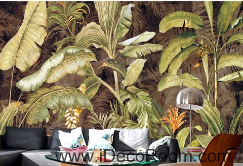 Image of Retro tropical plants banana leaves banana flowers oil painting effect wall art wall decor mural wallpaper wall IDCWP-000111