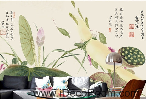 Image of Beautiful and fresh light green lotus lotus leaf lotus flower painting wall art wall decor mural wallpaper wall IDCWP-000117