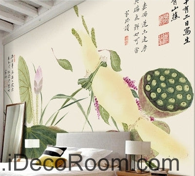 Image of Beautiful and fresh light green lotus lotus leaf lotus flower painting wall art wall decor mural wallpaper wall IDCWP-000117