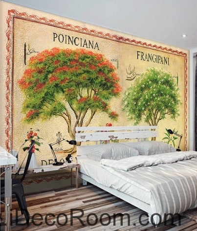 Image of Fantastic fresh red flower tree English tree branch oil painting effect wall art wall decor mural wallpaper wall IDCWP-000122