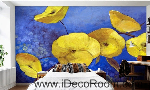 Image of A fresh and fresh dream blue sky in full bloom yellow poppy oil painting effect wall art wall decor mural wallpaper wall IDCWP-000124